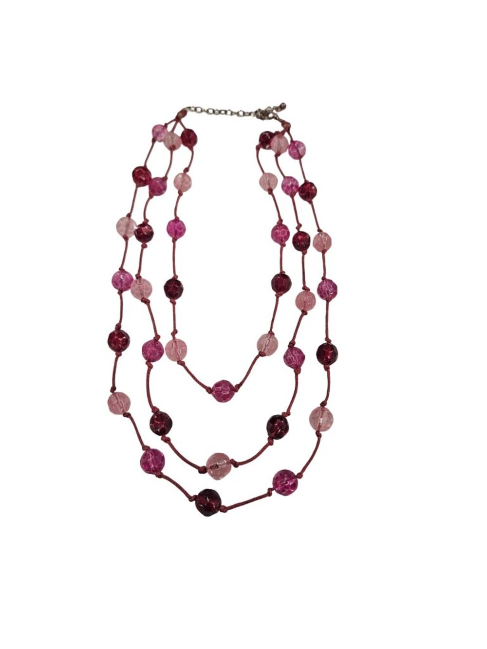 Multicolor Pink Beaded Three-Strand Cord Necklace Adjustable Chain festival boho